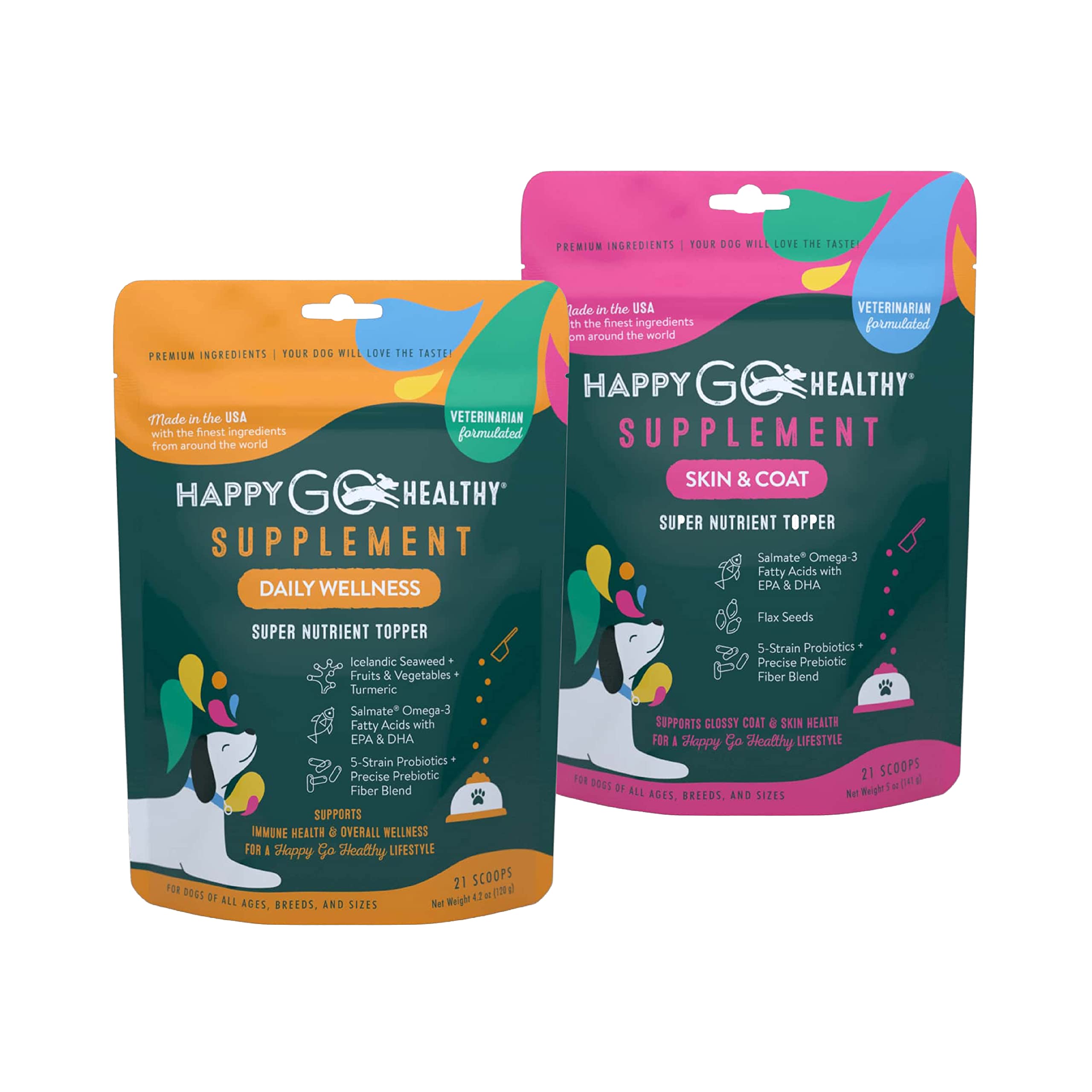 Happy Go Healthy Daily Wellness + Skin & Coat Bundle Supplements for Dogs - Probiotic & Prebiotic Benefits with Omega-3s | 2 x 21 Count Bags