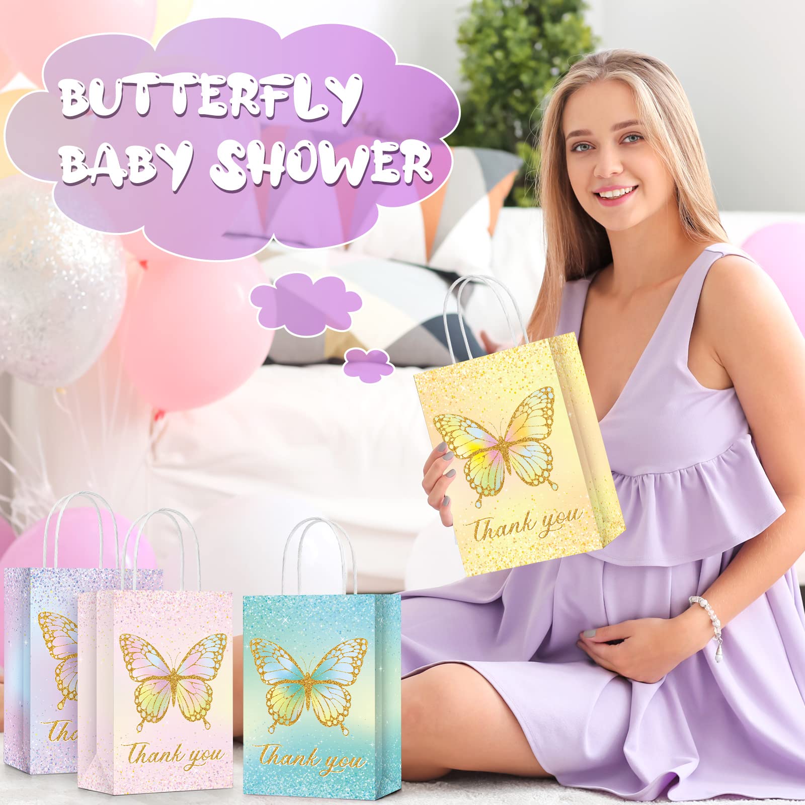 24 Pcs Butterfly Party Favors Gift Bags Goodie Treat Candy Bags Thank You for Fluttering by Paper Bags with Handles for Girls Butterfly Birthday Party Supplies Baby Shower (Glitter Style)