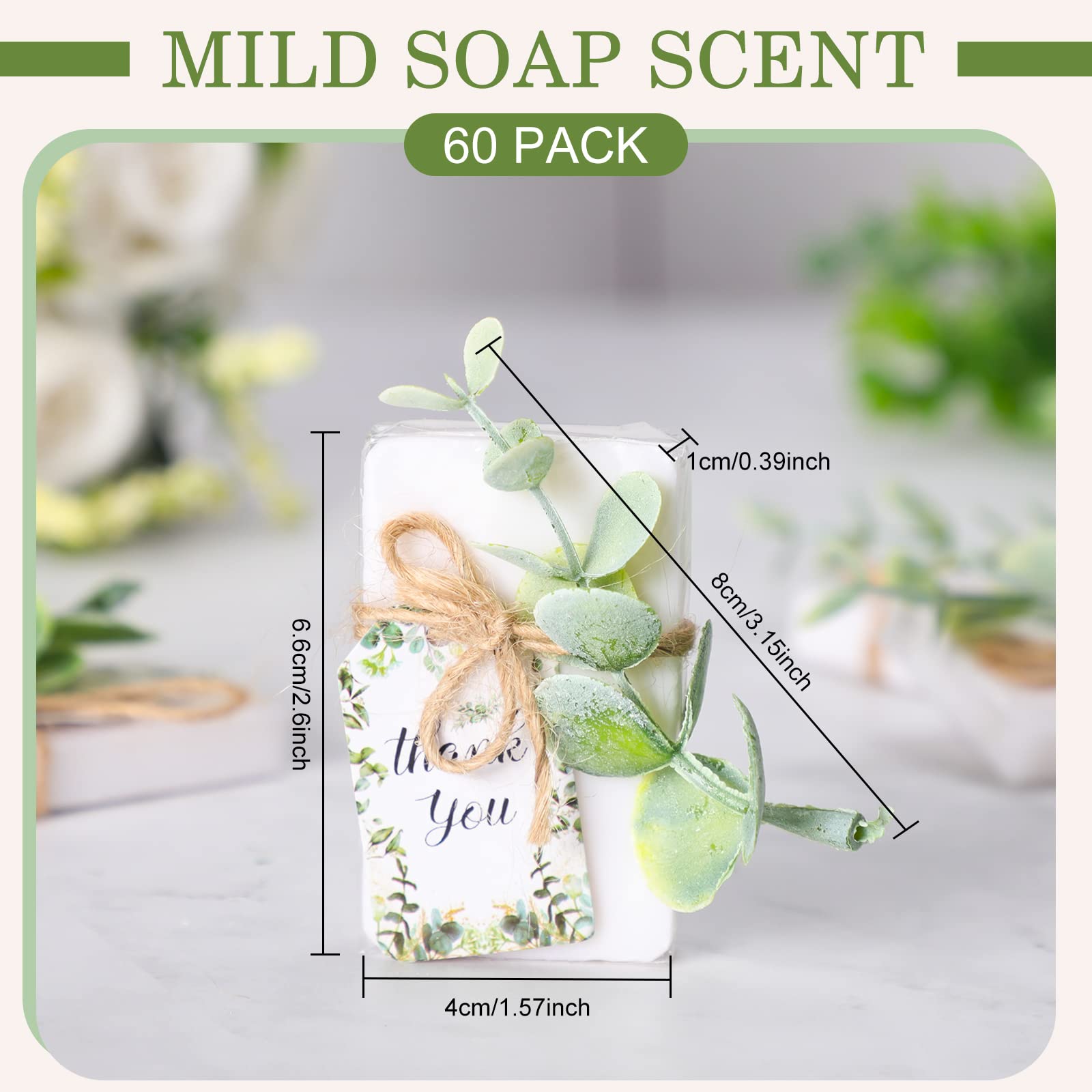 Demissle 60 Sets Mini Soap Favors Small Scented Soap Bars White Hand Soaps with Mini Faux Eucalyptus Greenery Gift Cards Organza Bags for Baby Shower Bridal Shower Gifts Wedding Birthday Party