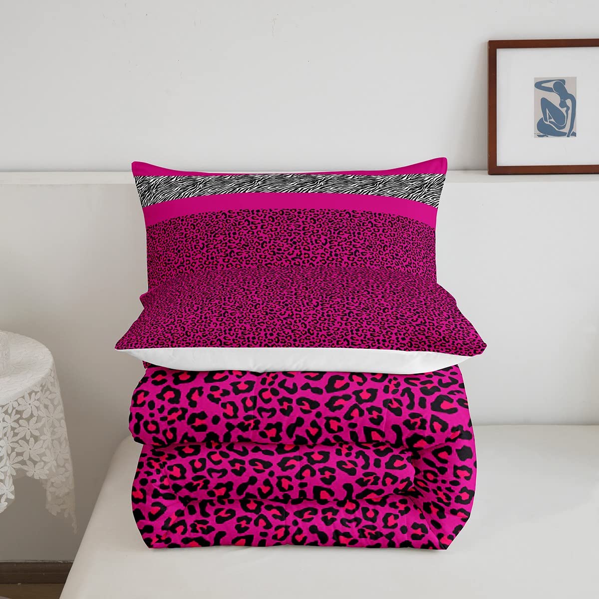 Manfei Pink Leopard Comforter Set Full Size, Black White Zebra Print Bedding Set 3pcs for Kids Boys Girls Room Decor, Wild Animal Print Quilt Set Cheetah Print Duvet Set with 2 Pillowcases