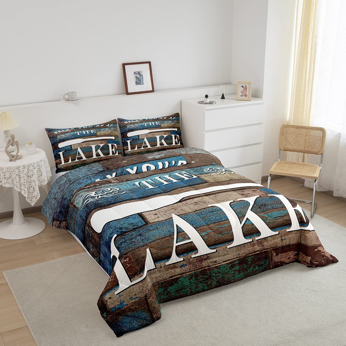 Rustic Farmhouse Comforter Set Lake House Bedding Set Queen Size Kids Boys Women Men Cabin Room Decor Retro Blue and Brown Patchwork Wooden Print Quilted Duvet Lake Life Duvet Insert,2 Pillowcases