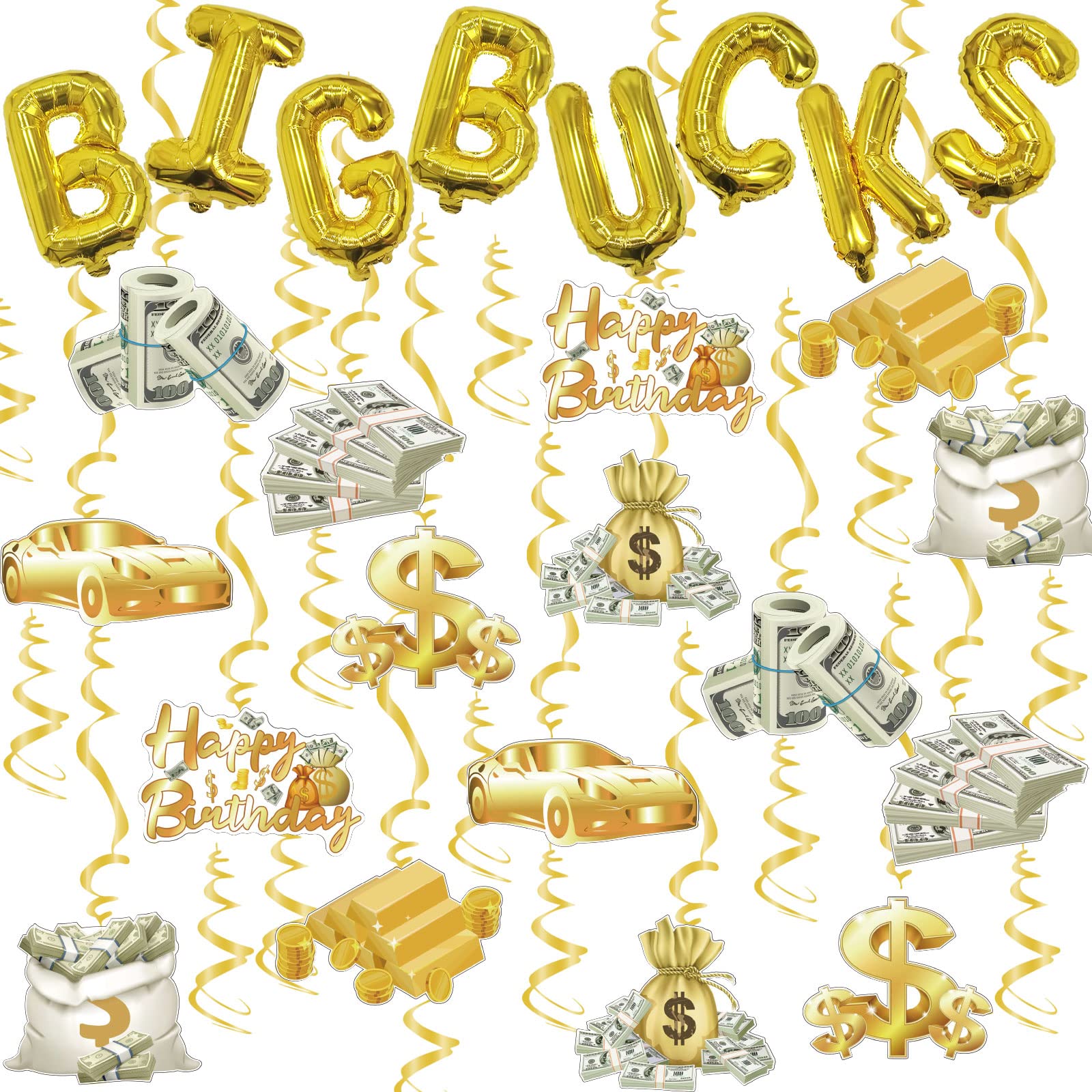 Money Party Decorations Big Bucks Balloons Gold Money Theme Hanging Swirls Dollar Bill Signs Currency Symbol Money Bag Happy Birthday Party Decorations for Adults Buchona Casino Gangster Party 31 pcs