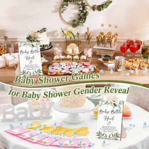 Chunful 51 Pcs Baby Shower Games Include Greenery Baby Bottle Hunt Sign Wooden Baby Gift Sets and 50 Pcs Resin Baby Bottle Shower Favor for Baby Shower Gender Reveal (Blue)