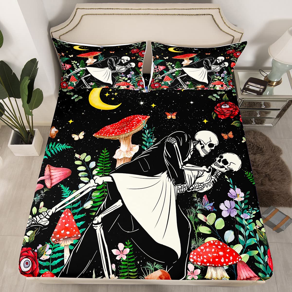 Manfei Mushroom Kids Sheet King Size,Sun Moon Starry Sky Romantic Bedding Set,Boys Girls Adults Room Decor,Butterfly Skeleton Flowers Boho Red Trippy Bed Sheet Set 4pcs(Fitted + Flat + 2 Pillowcases)