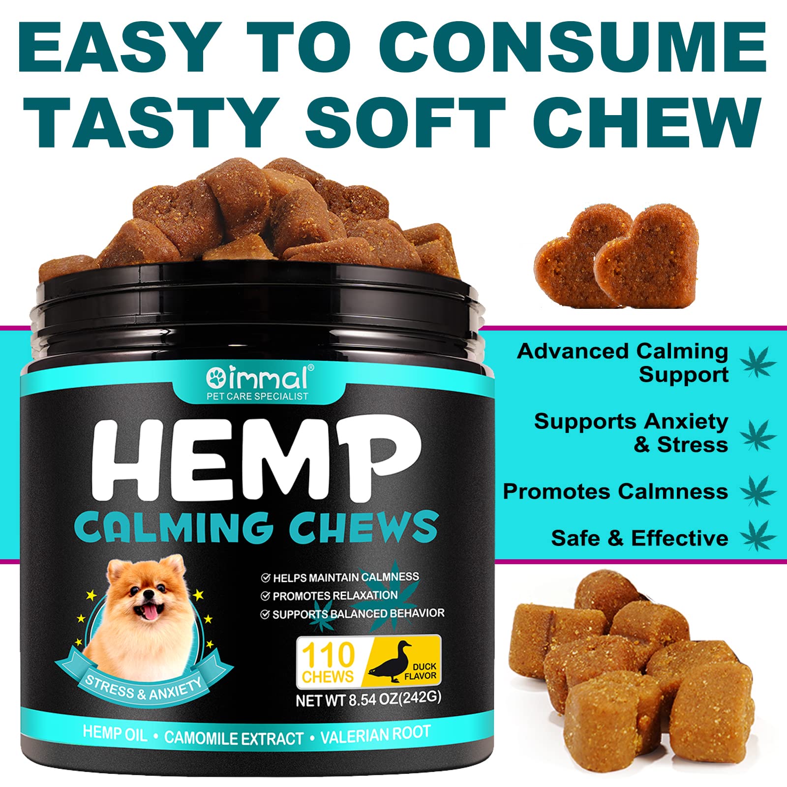 PLSHSBSE Hemp Calming Chews for Dogs, 110PCS Calming Treats for Dogs Anxiety Relief, Calming Aids for Dogs with Melatonin & Valerian Root, Calming Dog Chews for All Breeds & Sizes (Duck Flavor)