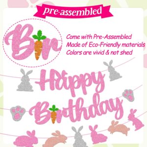 Bunny Birthday Banner Rabbit Bday Party Decorations Bunny Paw Ears Carrot Easter's Day Theme for Kids Boy Girl Baby Shower Party Supplies (Pink)