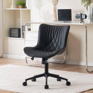 younike office chair, armless desk chair with wheels, home office computer task chairs, modern faux leather padded vanity chair, adjustable swivel rocking chair with back, black