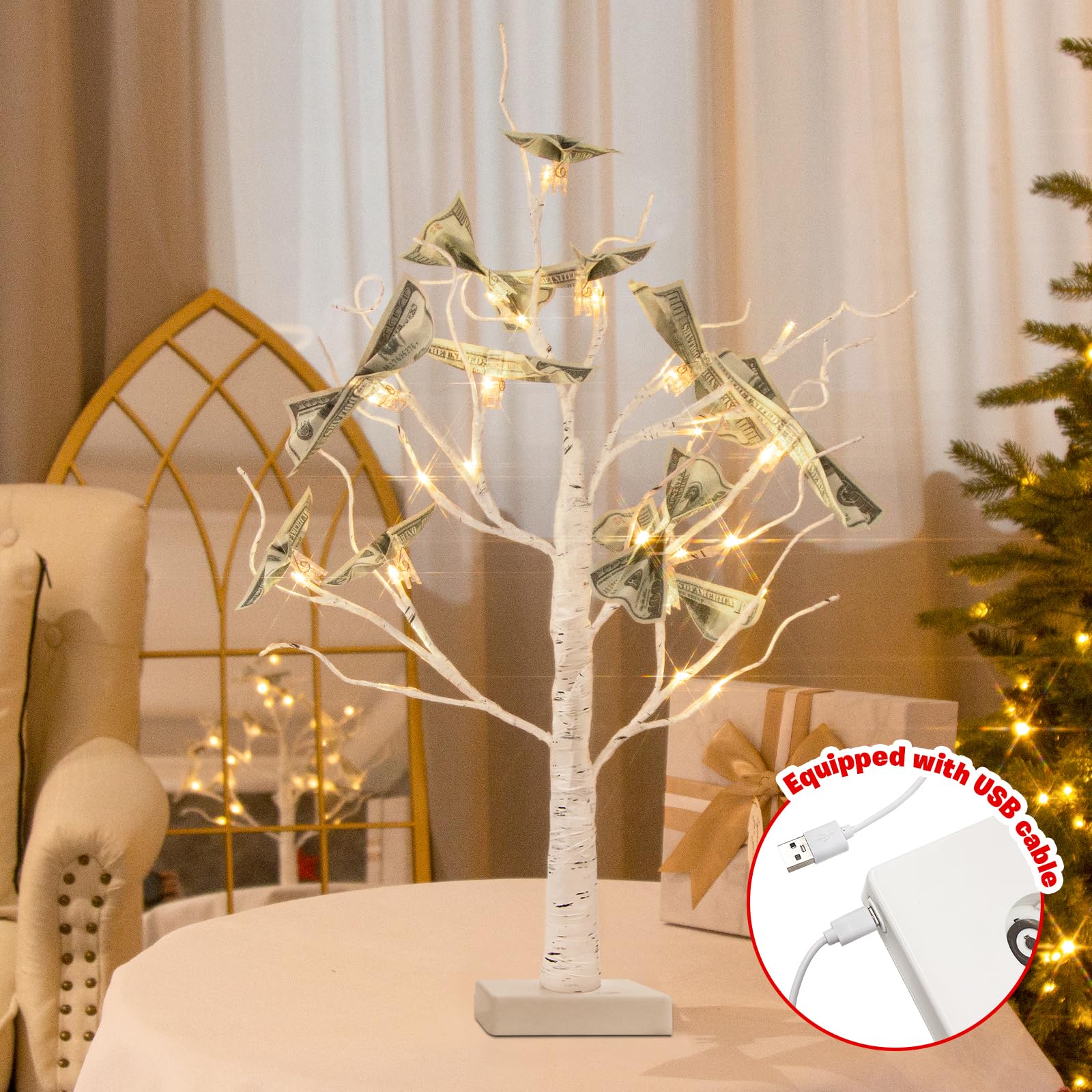 PEIDUO Money Tree, 22 Inch Gift Card Tree Holder with 6 Clips and 6 Greeting Cards, 24 Warm White Birch Tree with Lights, Christmas Tree Card Holder for Birthday Wedding Indoor Xmas Decorations