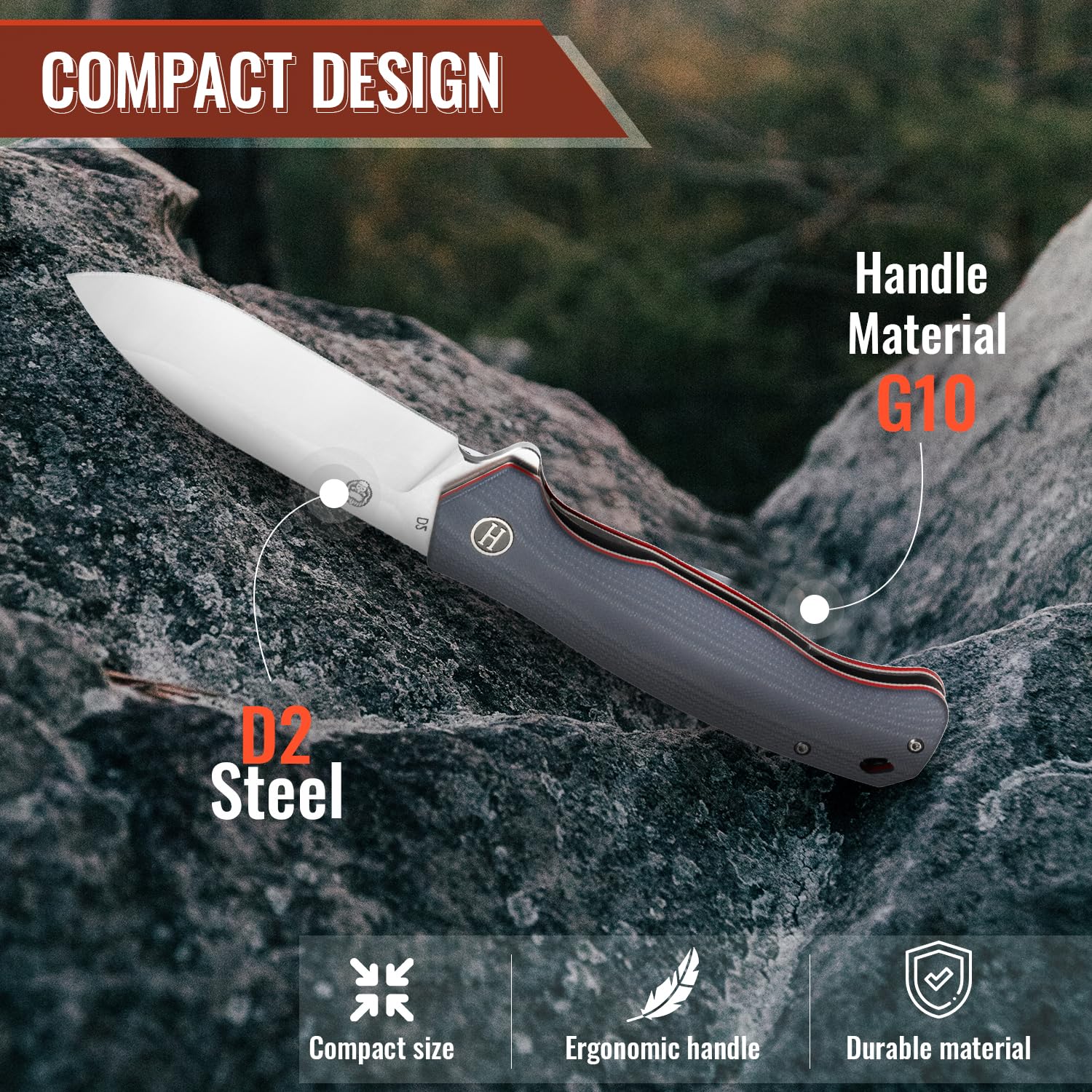 Holtzman's Gorilla Survival 'Wild Trail' Folding Knife featuring D2 Steel Blade with G10 Tactical Handle in Gift Box Set (Silver+Red)