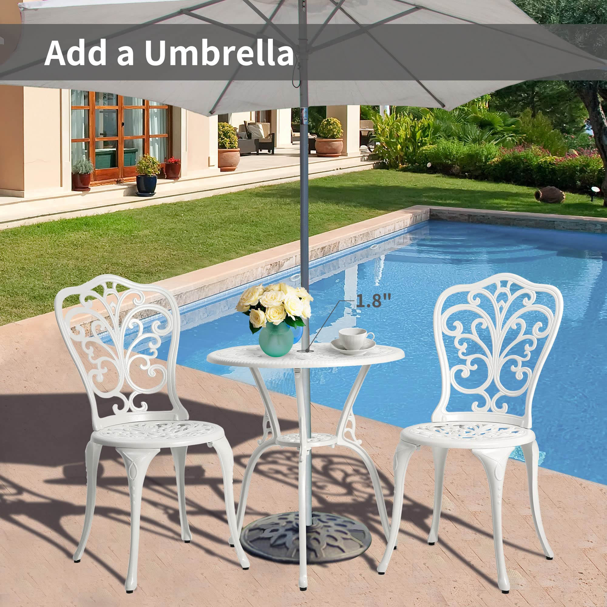 HOMEFUN Bistro Table and Chairs Set of 2 Outdoor -3 Piece Outdoor Patio Set, Butterfly Pattern Cast Aluminum Patio Bistro Set for Garden Balcony, Durable Rust All - Weather Resistance (White)