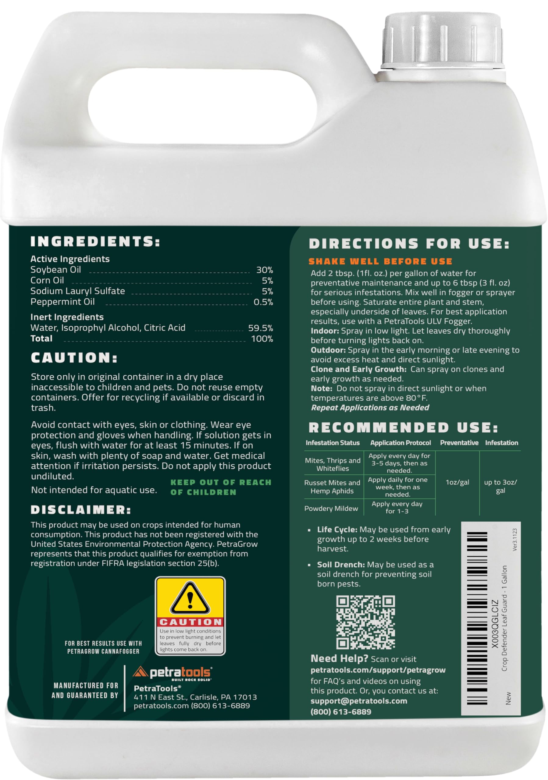 PetraGrow Crop Defender Leaf Guard Super Concentrate Pesticide, Miticide, Plant Fungicide, Insecticide for Indoor Plants, Spider Mite Spray, Powdery Mildew Spray for Plants - 1 Gal