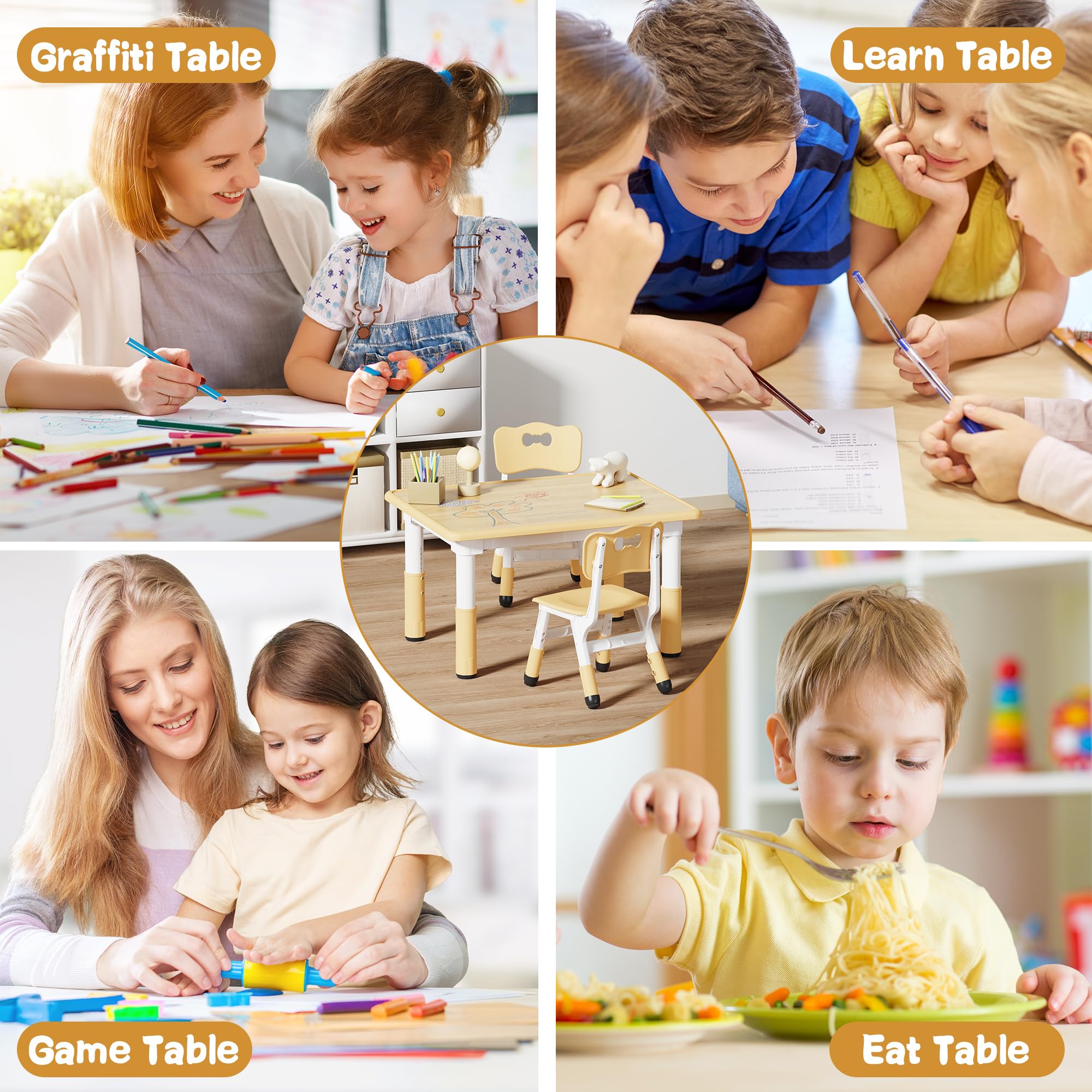 Brelley Kids Table and 2 Chairs Set, Height Adjustable Toddler Table and Chair Set, Graffiti Desktop, Classroom/Daycare/Home, Children Multi-Activity Table for Ages 2-8