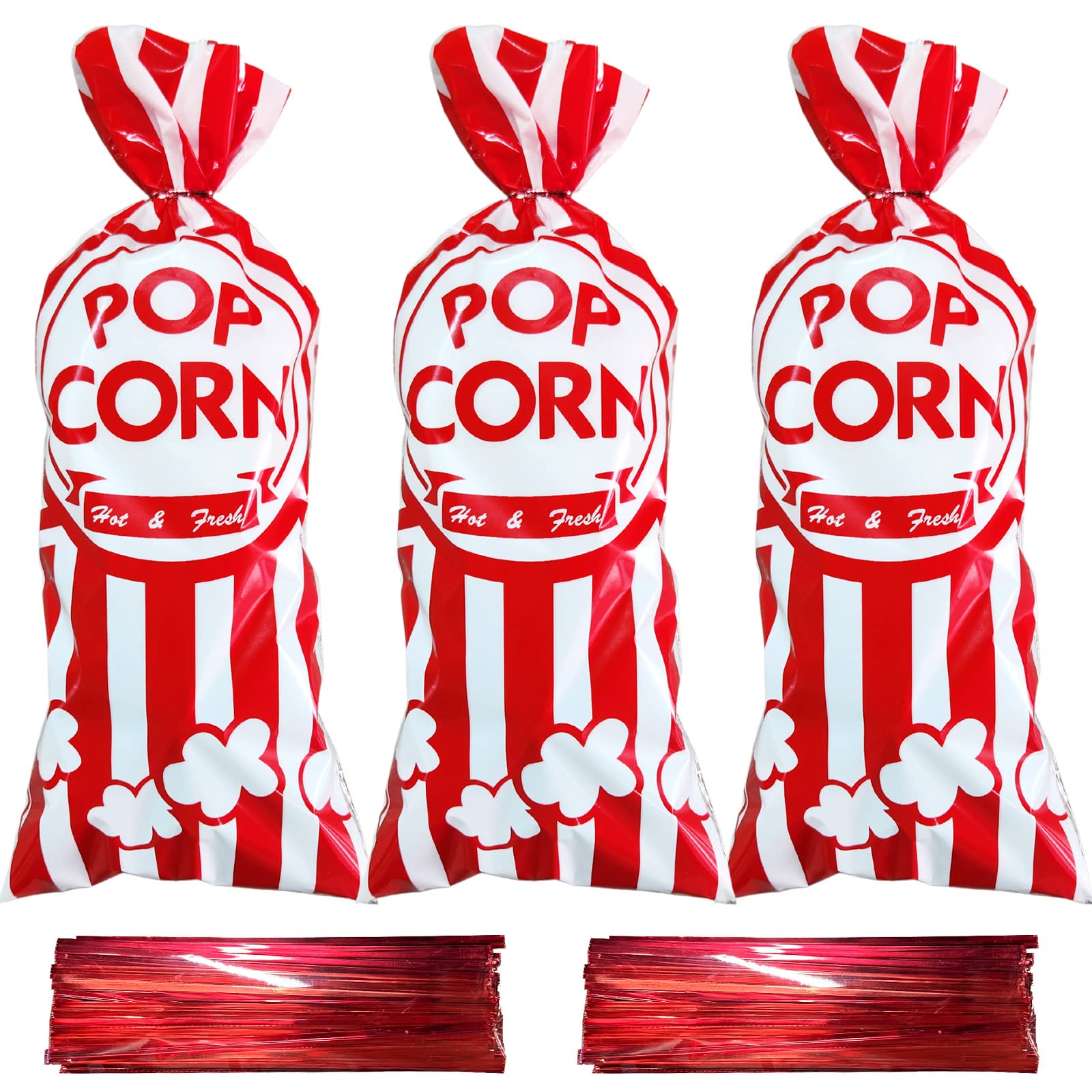 Rainmae 150 Pcs Popcorn Bags for Party, Carnival Party Treat Bags Set, 150 Pcs Cellophane Candy Bags Stripe Cookie Snack Bags with 150 Twist Ties for Christmas Circus Party Favor Supply Cupcake Bags