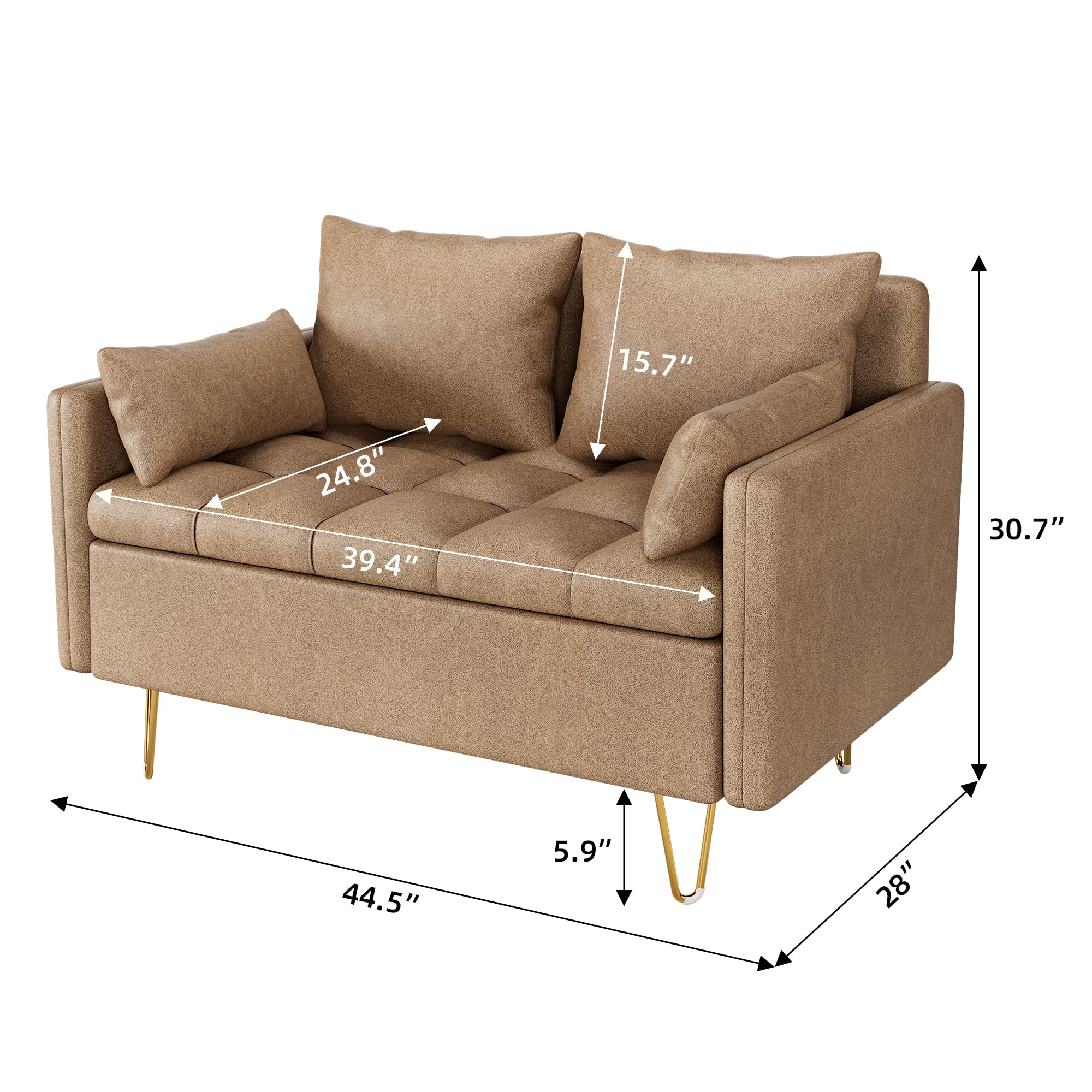 Senfot Sofa Couch Faux Leather Loveseat Sofas with Hand Stitched Comfortable Cushion, Modern Design with Gold Metal Legs and Lift-Up Storage for Living Room in Light Brown