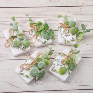 Demissle 60 Sets Mini Soap Favors Small Scented Soap Bars White Hand Soaps with Mini Faux Eucalyptus Greenery Gift Cards Organza Bags for Baby Shower Bridal Shower Gifts Wedding Birthday Party