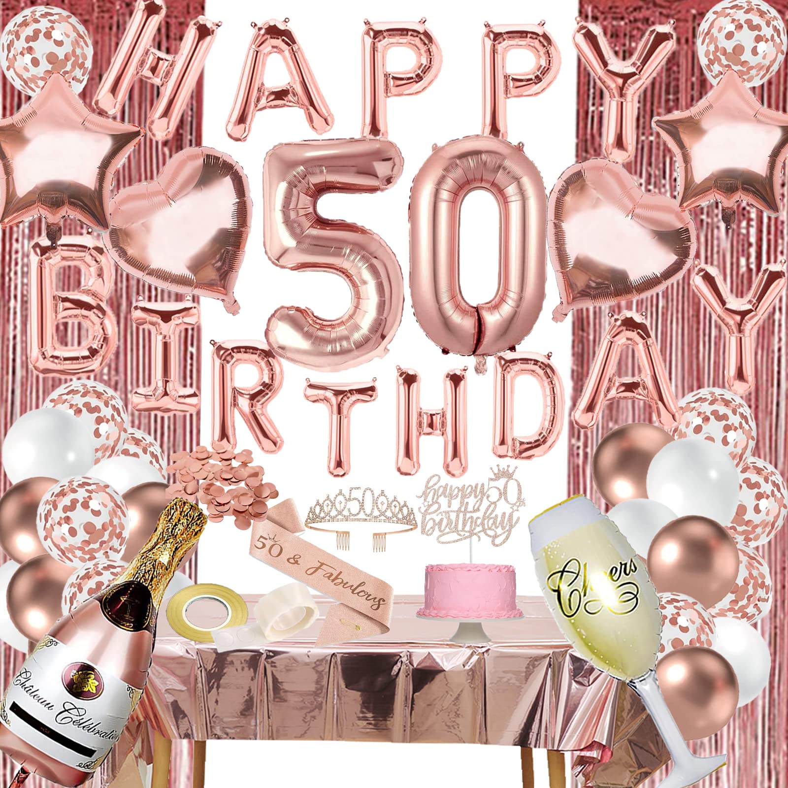 50th Birthday Decorations for Her, Rose Gold 50 and Fabulous Bday Decor for Woman, Happy Birthday Banner, Curtains, tablecloth, Cake Topper, Sash and Crown, Balloons Fifty Year Old Party