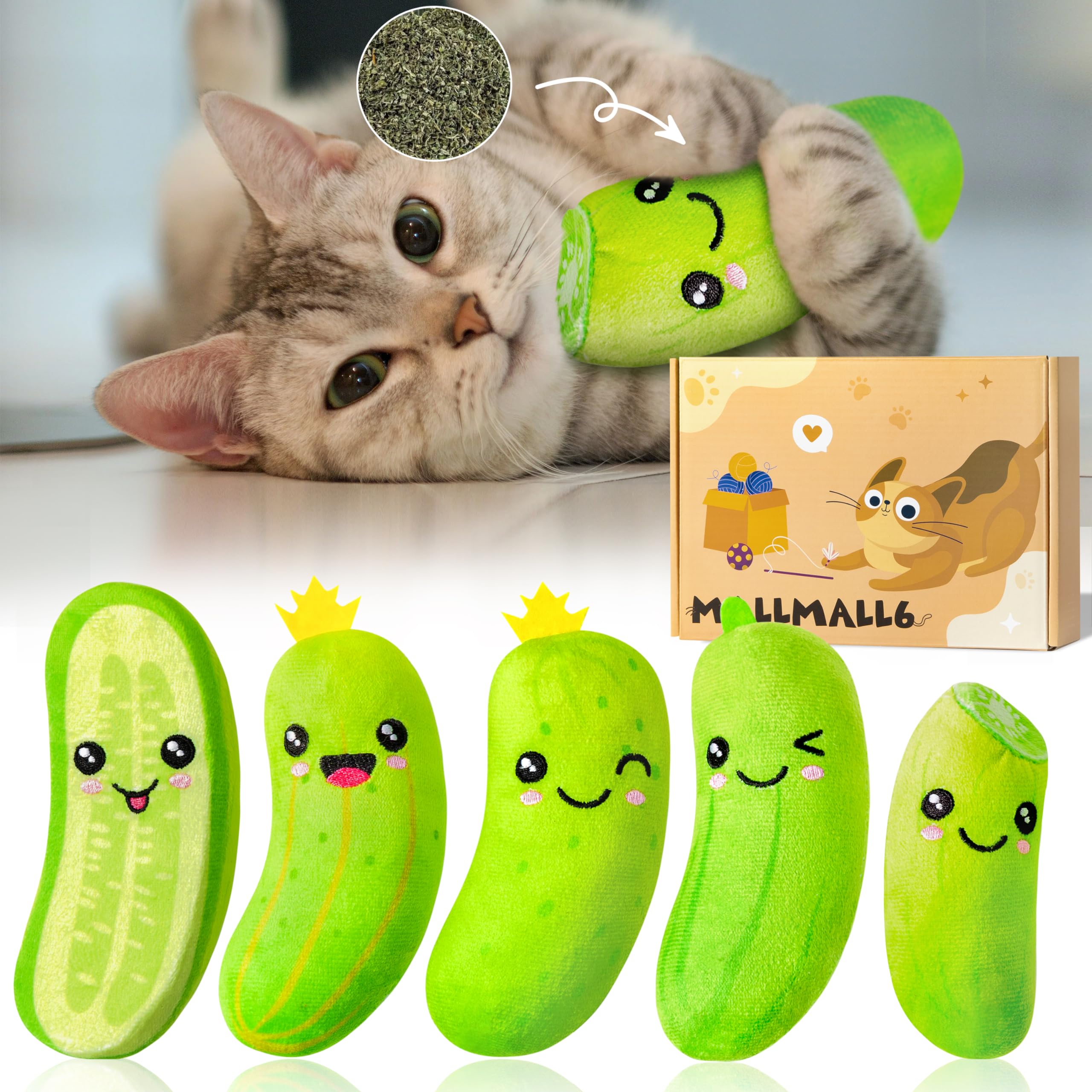 MALLMALL6 5Pcs Pickle Cat Toys, Kitten Catnip Toys for Cat Lover Gifts, Indoor Cat Chew Bite Kick Plush Cucumber Catmint Kitten Toys Supplies Interactive Cat Toy with Cute Expression for Pet Presents