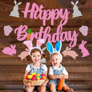 Bunny Birthday Banner Rabbit Bday Party Decorations Bunny Paw Ears Carrot Easter's Day Theme for Kids Boy Girl Baby Shower Party Supplies (Pink)