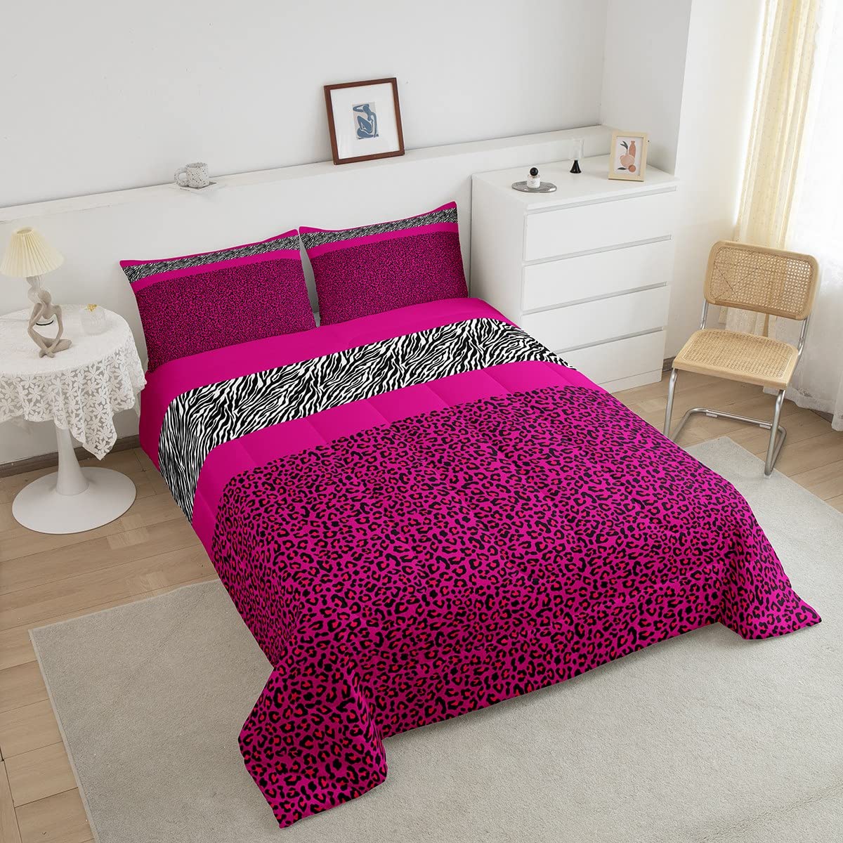 Manfei Pink Leopard Comforter Set Full Size, Black White Zebra Print Bedding Set 3pcs for Kids Boys Girls Room Decor, Wild Animal Print Quilt Set Cheetah Print Duvet Set with 2 Pillowcases