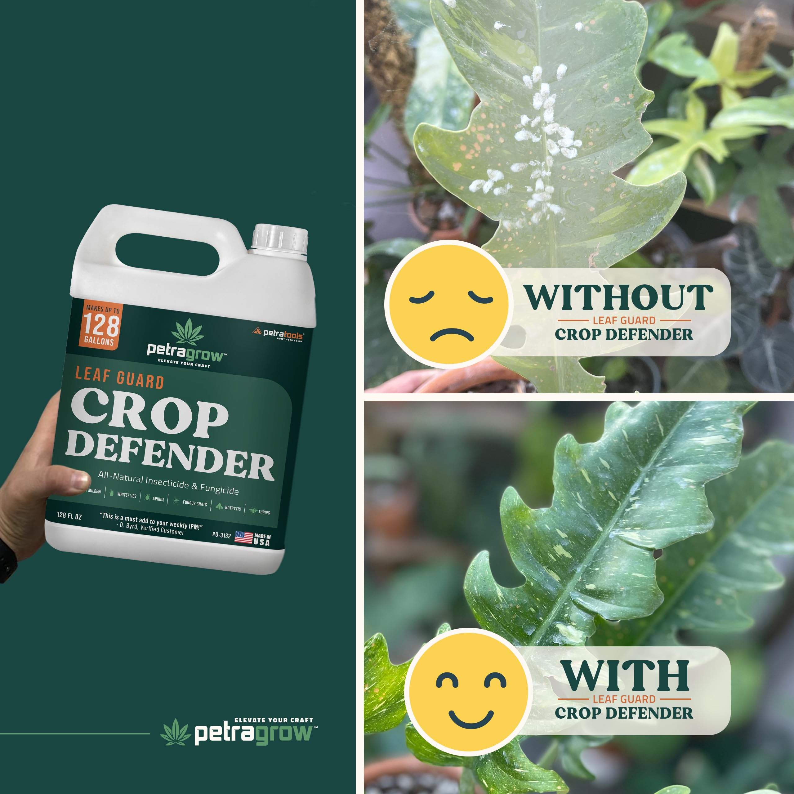 PetraGrow Crop Defender Leaf Guard Super Concentrate Pesticide, Miticide, Plant Fungicide, Insecticide for Indoor Plants, Spider Mite Spray, Powdery Mildew Spray for Plants - 1 Gal