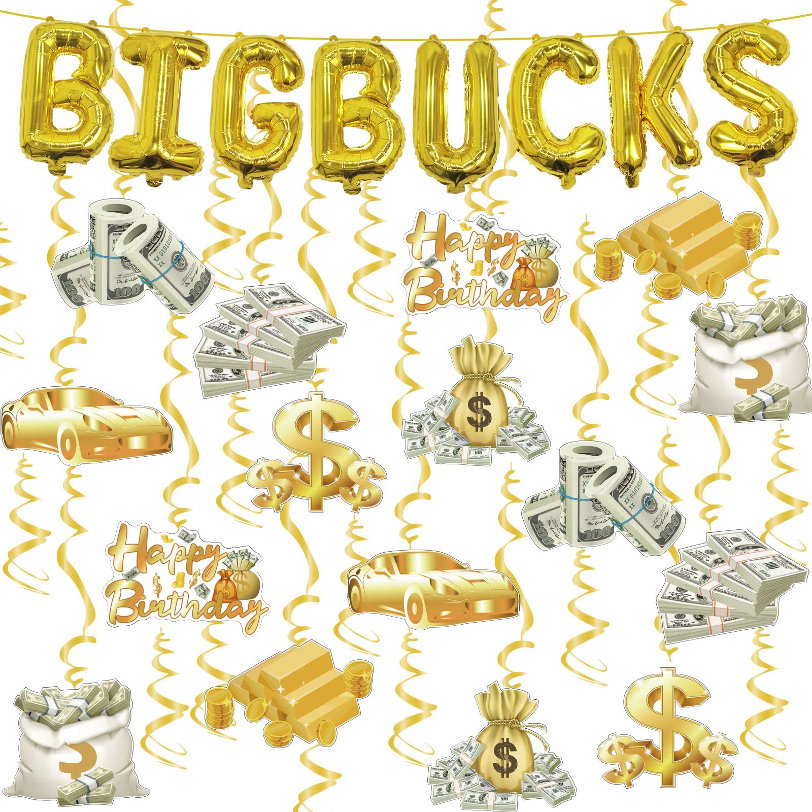 Money Party Decorations Big Bucks Balloons Gold Money Theme Hanging Swirls Dollar Bill Signs Currency Symbol Money Bag Happy Birthday Party Decorations for Adults Buchona Casino Gangster Party 31 pcs