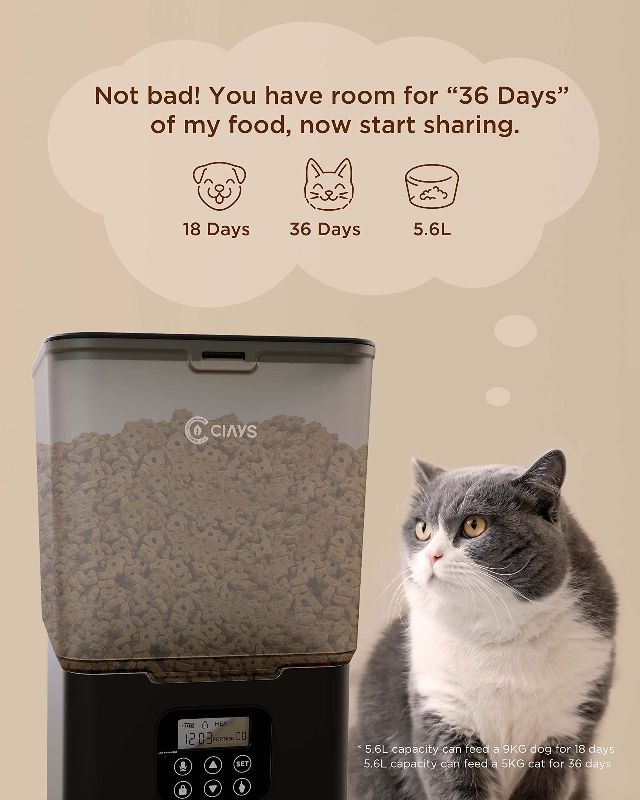 Ciays Automatic Cat Feeder, 5.6L, 4 Meals Per Day, Pet Dry Food Dispenser, Dual Power Supply & Voice Recorder, Black