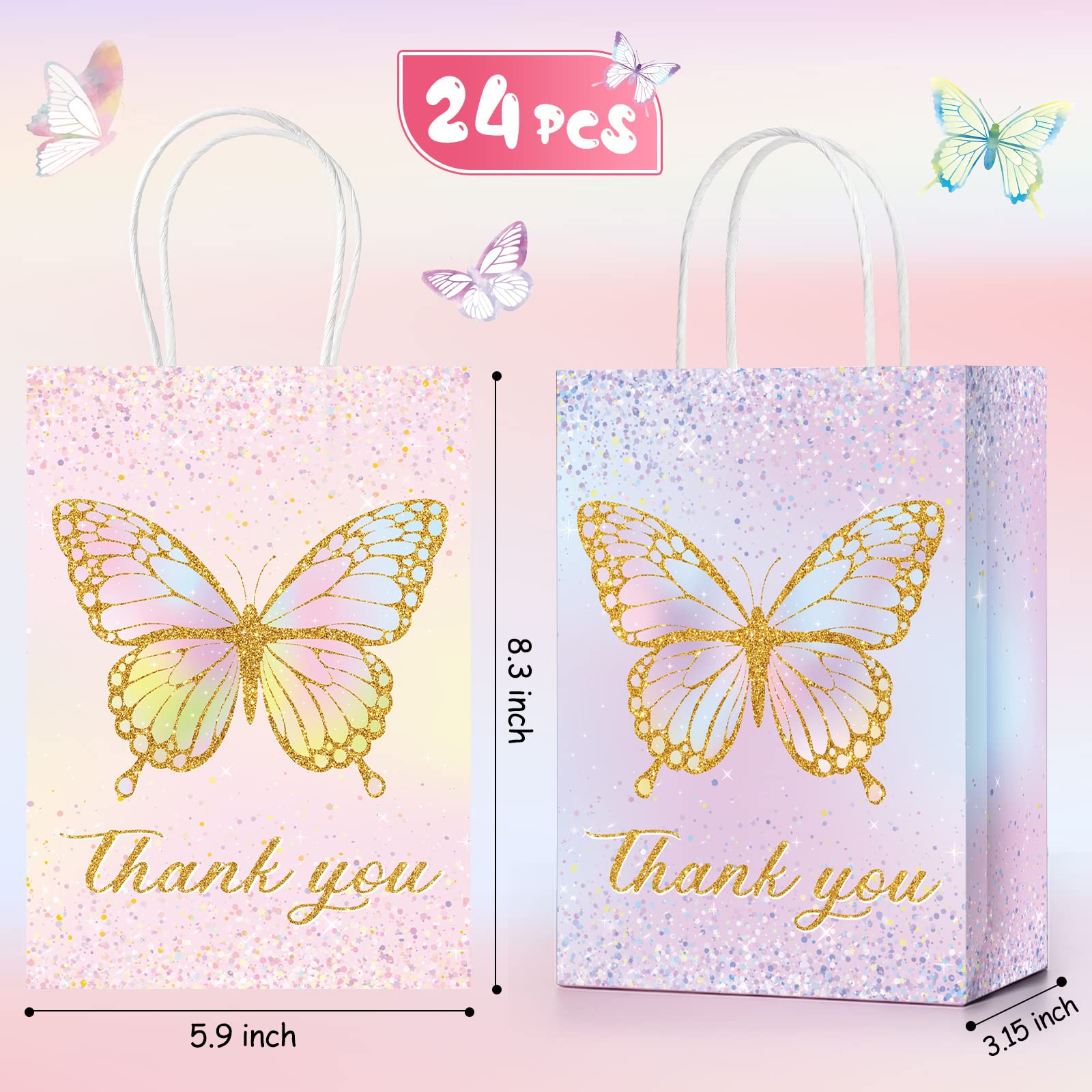 24 Pcs Butterfly Party Favors Gift Bags Goodie Treat Candy Bags Thank You for Fluttering by Paper Bags with Handles for Girls Butterfly Birthday Party Supplies Baby Shower (Glitter Style)