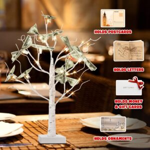 PEIDUO Money Tree, 22 Inch Gift Card Tree Holder with 6 Clips and 6 Greeting Cards, 24 Warm White Birch Tree with Lights, Christmas Tree Card Holder for Birthday Wedding Indoor Xmas Decorations