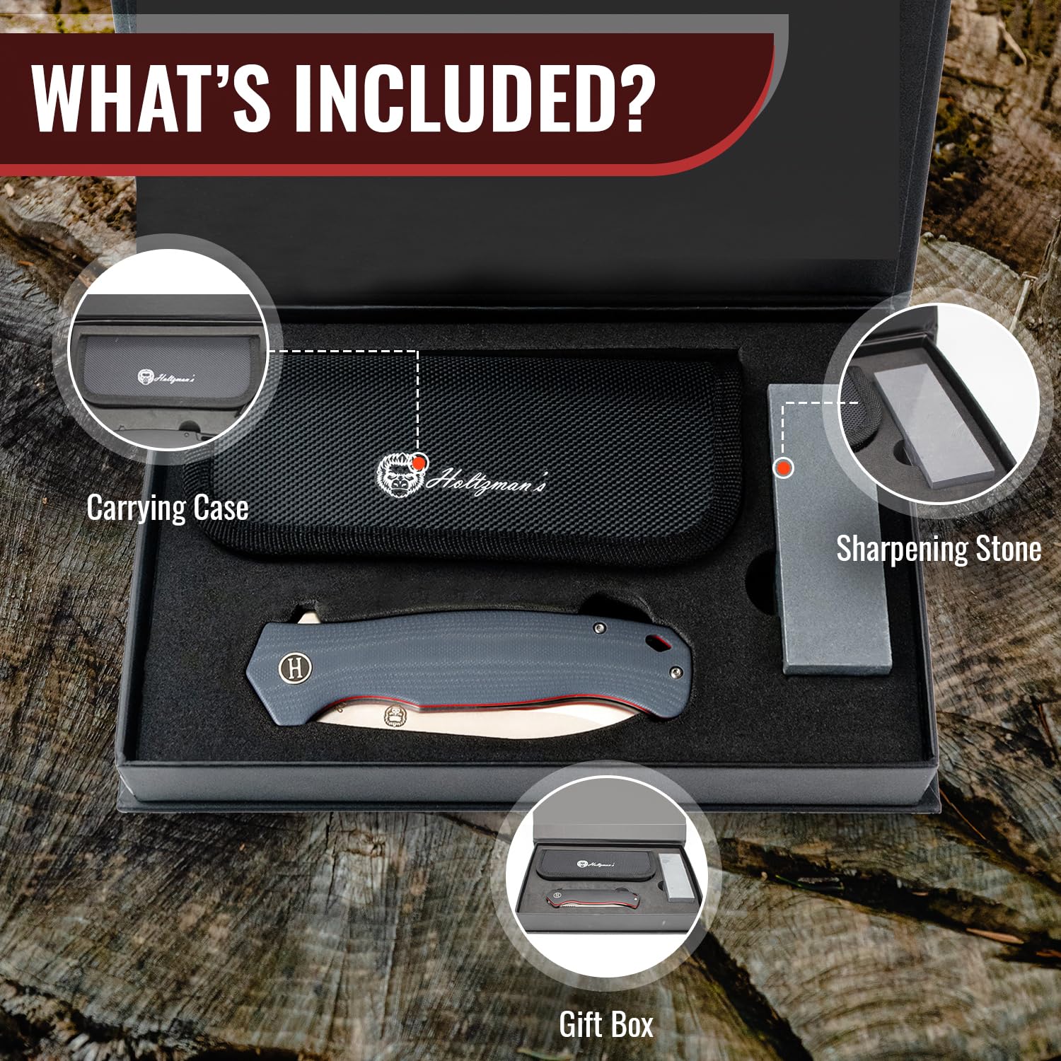 Holtzman's Gorilla Survival 'Wild Trail' Folding Knife featuring D2 Steel Blade with G10 Tactical Handle in Gift Box Set (Silver+Red)