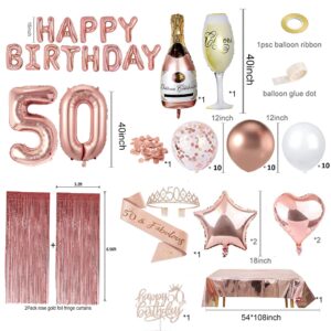 50th Birthday Decorations for Her, Rose Gold 50 and Fabulous Bday Decor for Woman, Happy Birthday Banner, Curtains, tablecloth, Cake Topper, Sash and Crown, Balloons Fifty Year Old Party