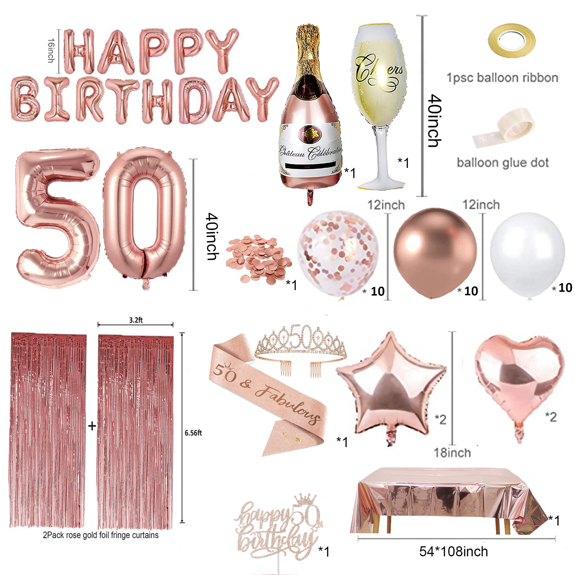 50th Birthday Decorations for Her, Rose Gold 50 and Fabulous Bday Decor for Woman, Happy Birthday Banner, Curtains, tablecloth, Cake Topper, Sash and Crown, Balloons Fifty Year Old Party