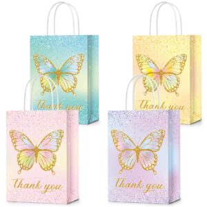 24 pcs butterfly party favors gift bags goodie treat candy bags thank you for fluttering by paper bags with handles for girls butterfly birthday party supplies baby shower (glitter style)