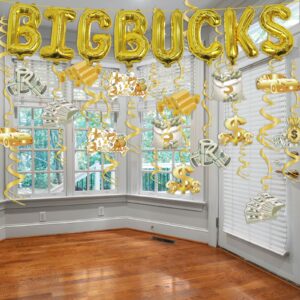 Money Party Decorations Big Bucks Balloons Gold Money Theme Hanging Swirls Dollar Bill Signs Currency Symbol Money Bag Happy Birthday Party Decorations for Adults Buchona Casino Gangster Party 31 pcs