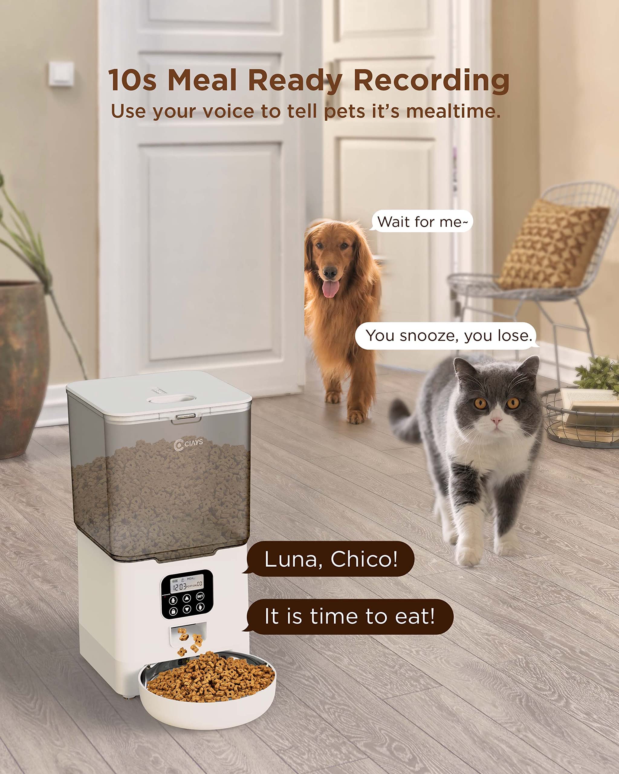 Ciays Automatic Cat Feeder, 5.6L, 4 Meals Per Day, Pet Dry Food Dispenser, Dual Power Supply & Voice Recorder, Black