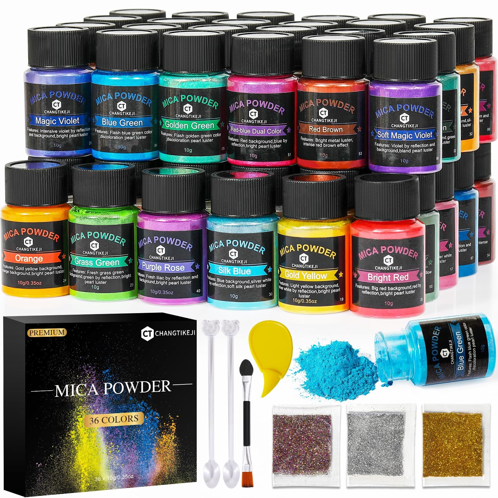 CHANGTIKEJI Mica Powder，36 Colors - 10g/Bottle of Natural Pigment Powder for Epoxy Resin，Soap Making，Candle Making,Lip Gloss,Car Freshies,Dye,Nail Polish,Bath Bombs