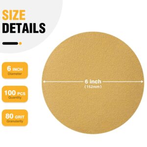 LuckyGuard 100 PCS 6 Inch Gold PSA Sanding Discs 80 Grit Self Adhesive Sticky-Back Sandpaper for DA Sander Finishing Various Materials-Wood Metal Plastics Woodworking Sanding Disc Roll