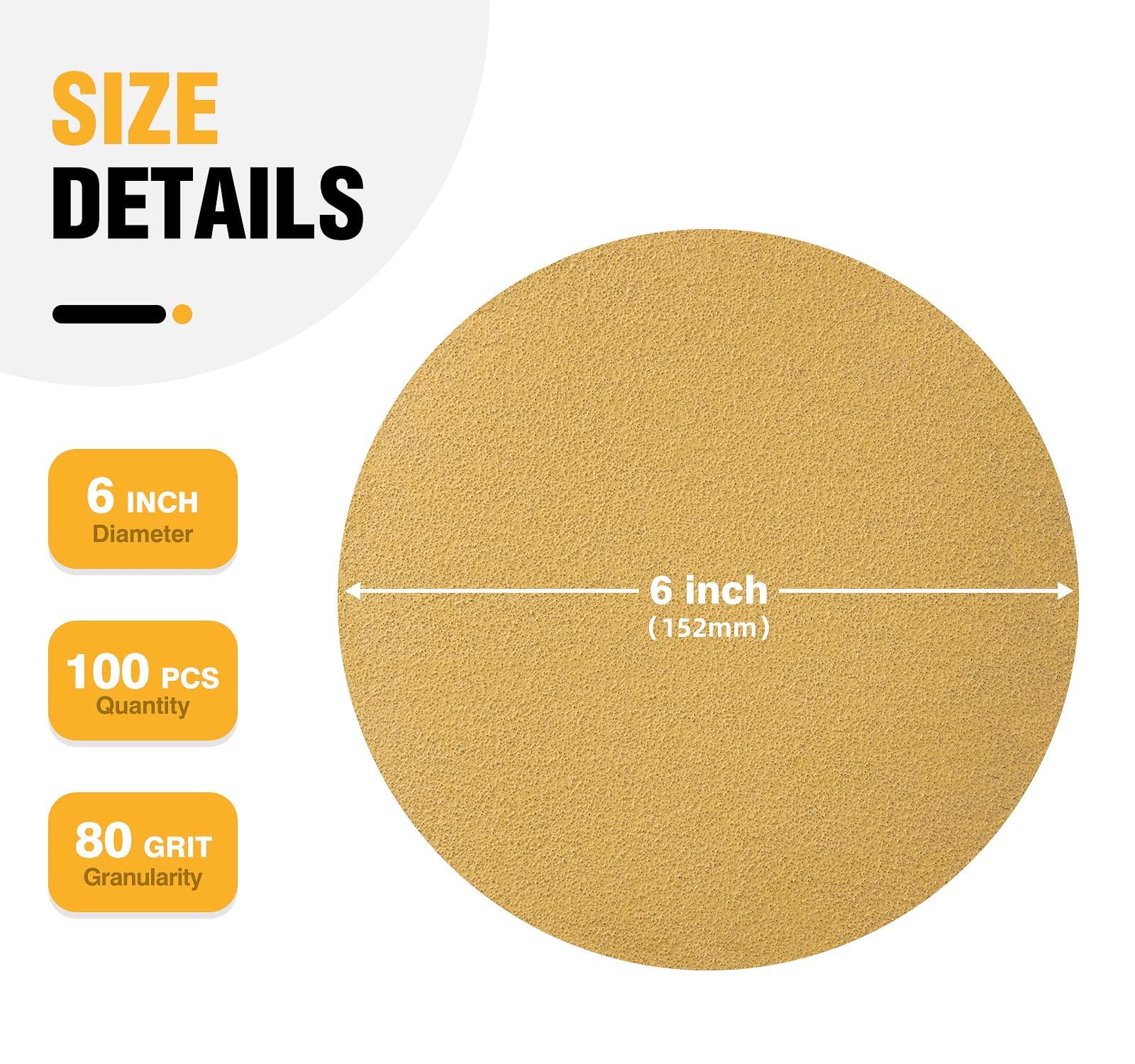 LuckyGuard 100 PCS 6 Inch Gold PSA Sanding Discs 80 Grit Self Adhesive Sticky-Back Sandpaper for DA Sander Finishing Various Materials-Wood Metal Plastics Woodworking Sanding Disc Roll