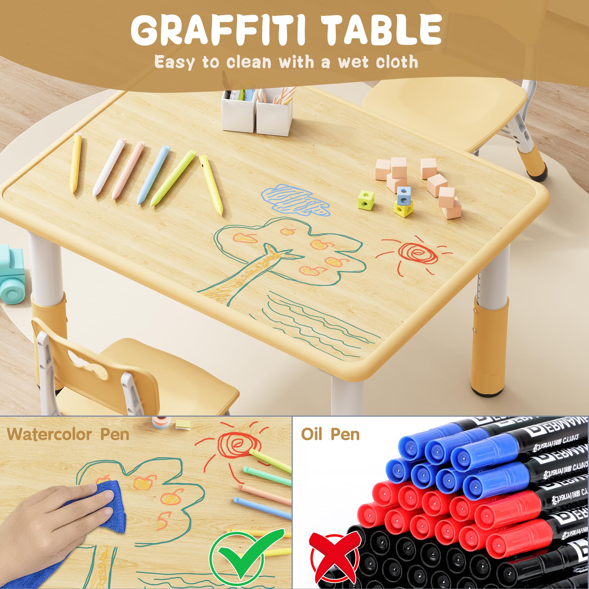 Brelley Kids Table and 2 Chairs Set, Height Adjustable Toddler Table and Chair Set, Graffiti Desktop, Classroom/Daycare/Home, Children Multi-Activity Table for Ages 2-8