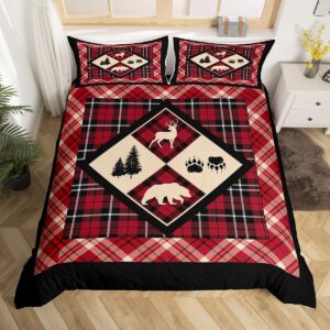 erosebridal lodge duvet cover queen diamond bear deer lodge bedding set for adult rustic cabin country plaid check comforter cover camping bed cover with 2 pillow shams zipper&ties,burgundy/black