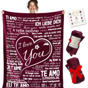 I Love You Blankets for her, with I Love You in Multiple Languages, Christmas Blanket, Gifts for Her Anniversary, I Love You Gifts for her,Mom I Love You Gifts 65"x50" (Sussy Red)