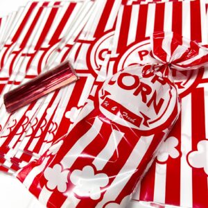 Rainmae 150 Pcs Popcorn Bags for Party, Carnival Party Treat Bags Set, 150 Pcs Cellophane Candy Bags Stripe Cookie Snack Bags with 150 Twist Ties for Christmas Circus Party Favor Supply Cupcake Bags