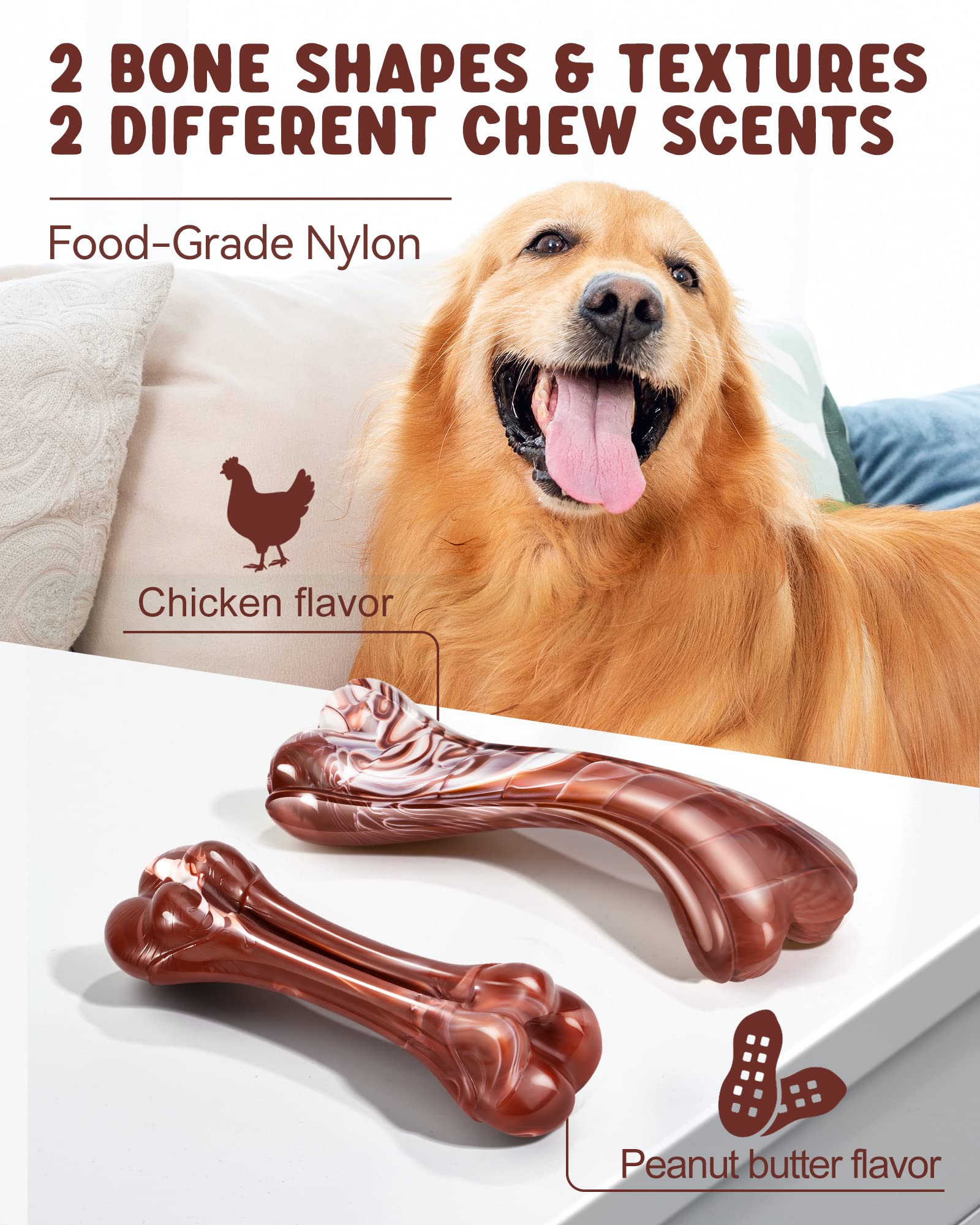 GEE BON Dog Toys, 2 Pack Nylon Chew Bones for Aggressive Chewers, Durable Dog Chew Toy for Large Medium Dogs, Chicken & Peanut Flavor, Helps Dental Health, Pet Toy Gift