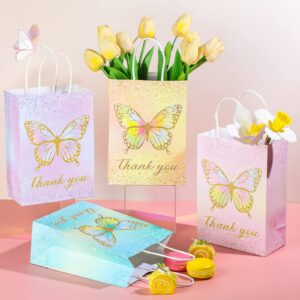 24 Pcs Butterfly Party Favors Gift Bags Goodie Treat Candy Bags Thank You for Fluttering by Paper Bags with Handles for Girls Butterfly Birthday Party Supplies Baby Shower (Glitter Style)