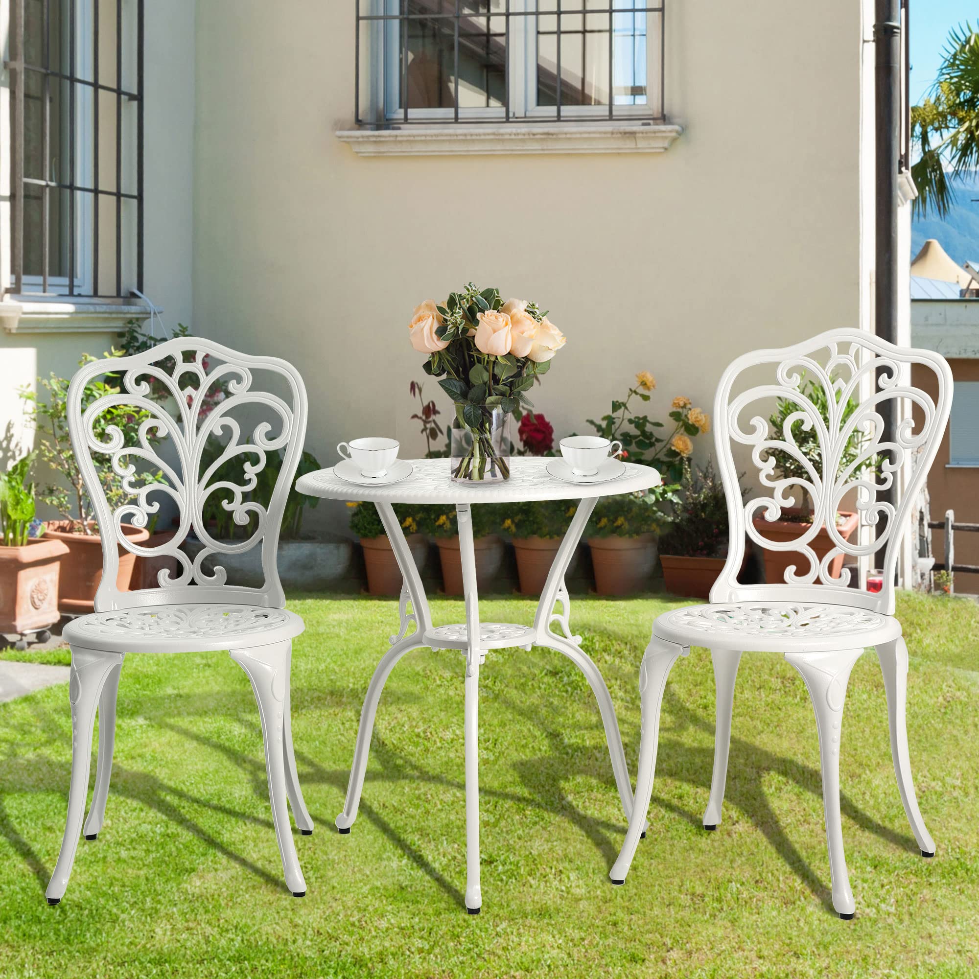 HOMEFUN Bistro Table and Chairs Set of 2 Outdoor -3 Piece Outdoor Patio Set, Butterfly Pattern Cast Aluminum Patio Bistro Set for Garden Balcony, Durable Rust All - Weather Resistance (White)