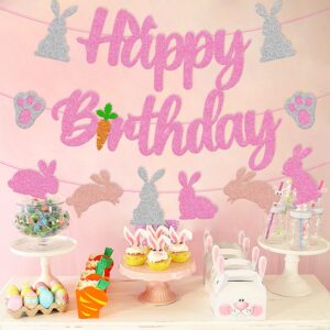 Bunny Birthday Banner Rabbit Bday Party Decorations Bunny Paw Ears Carrot Easter's Day Theme for Kids Boy Girl Baby Shower Party Supplies (Pink)