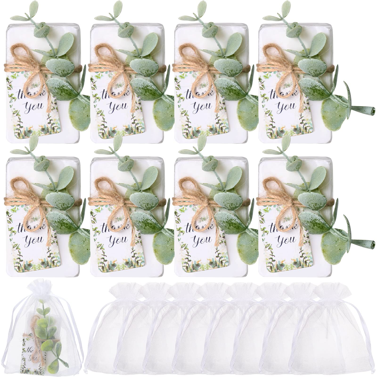 Demissle 60 Sets Mini Soap Favors Small Scented Soap Bars White Hand Soaps with Mini Faux Eucalyptus Greenery Gift Cards Organza Bags for Baby Shower Bridal Shower Gifts Wedding Birthday Party