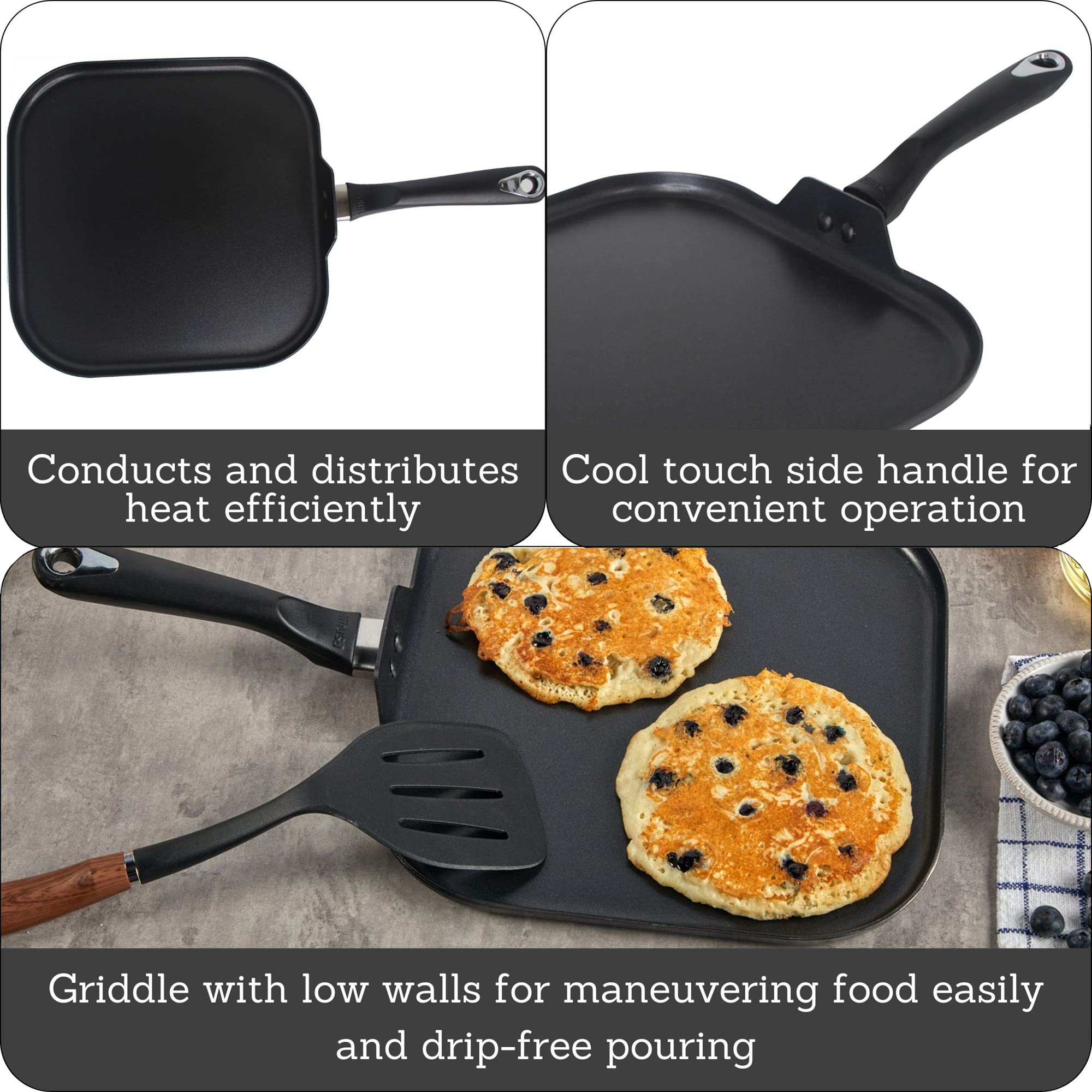 IMUSA 11in Bistro Aluminum Nonstick Square Griddle with Cool Touch Handle, Black