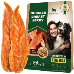 beloved pets chicken jerky dog treats 11 oz - all natural and healthy snacks for large & small dogs - grain free and high protein meat - human grade pet chews