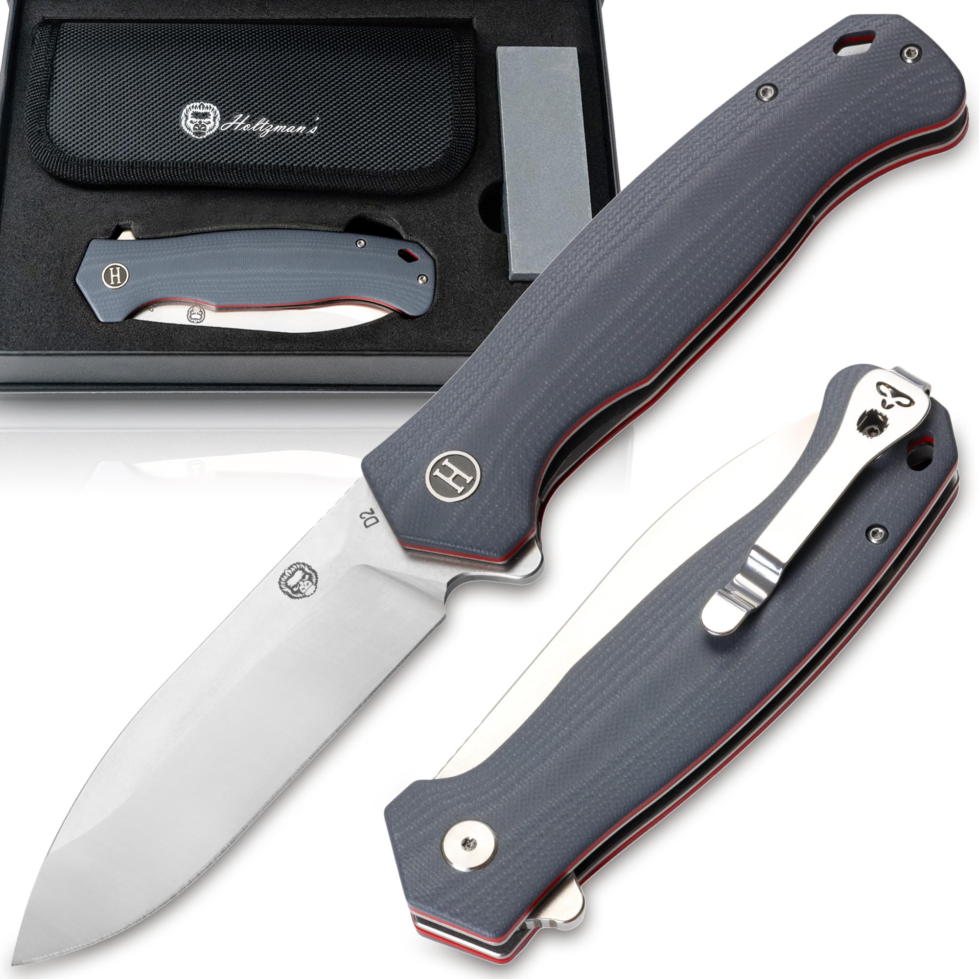 Holtzman's Gorilla Survival 'Wild Trail' Folding Knife featuring D2 Steel Blade with G10 Tactical Handle in Gift Box Set (Silver+Red)