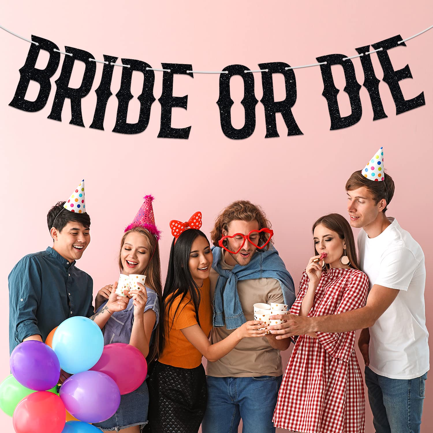 Bride or Die Banner, Spooky Bride, Halloween Bachelorette Wedding Bridal Shower Party Decorations Supplies, Black Glitter